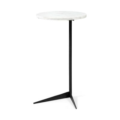 Ballatine II 15L x 15W White Marble Round Top White W/ Black Metal Base Accent Table