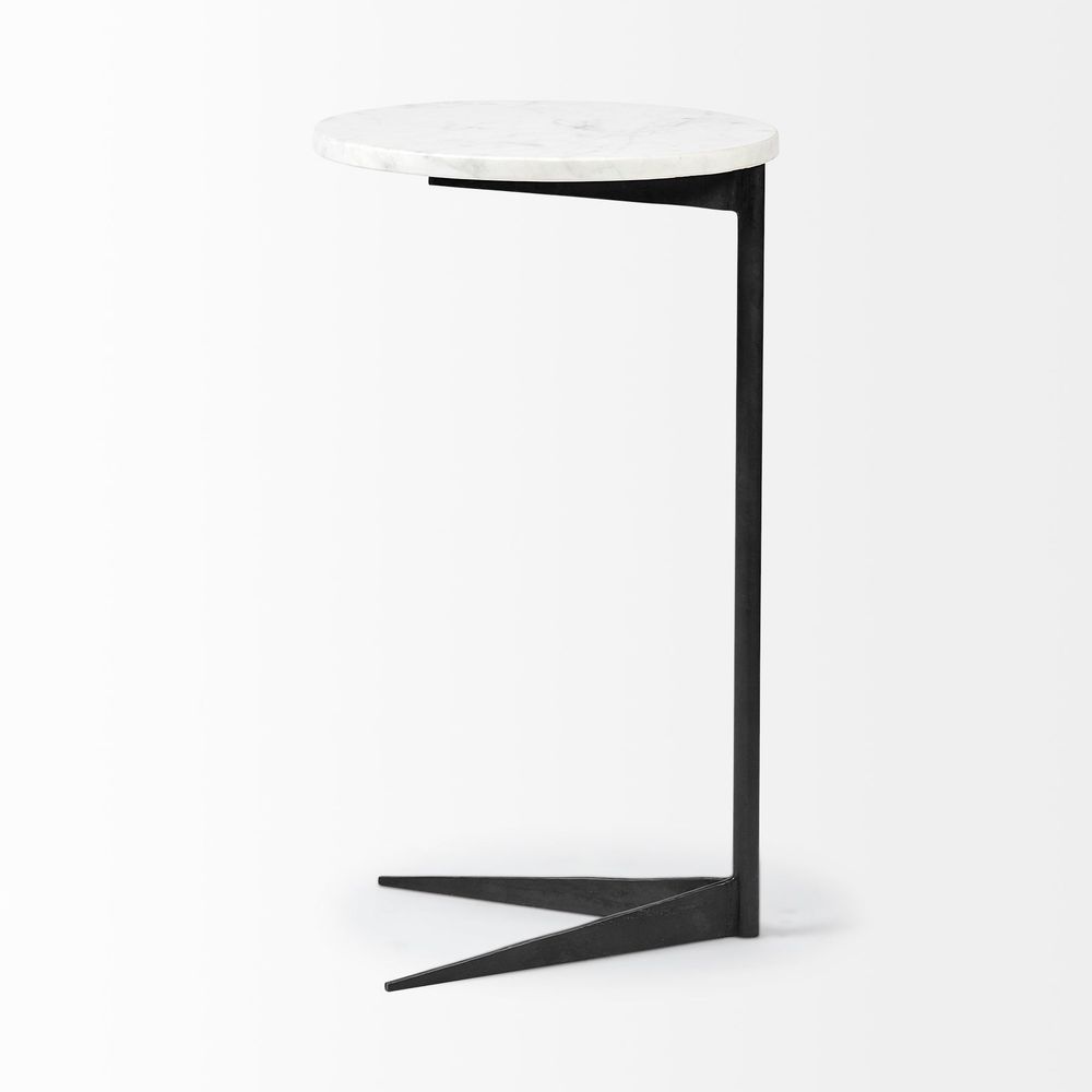 Ballatine II 15L x 15W White Marble Round Top White W/ Black Metal Base Accent Table