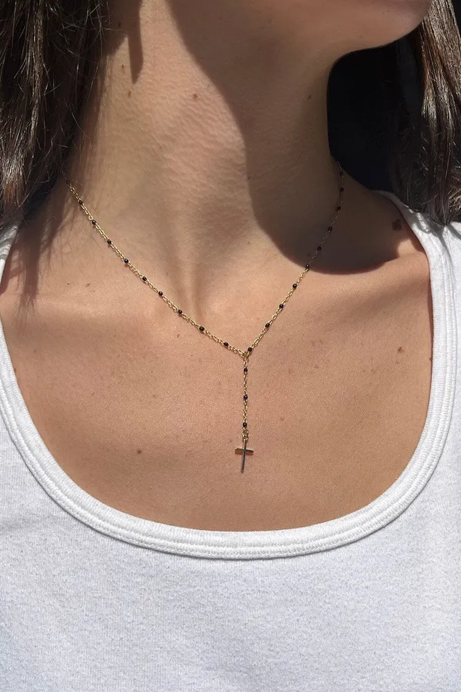 Black Gallstone Cross Pendant Necklace Wooden Beaded Chain - Temu