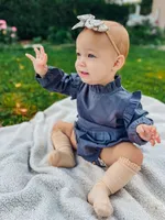 Blue Ruffle Neck Sleeved Bubble Romper