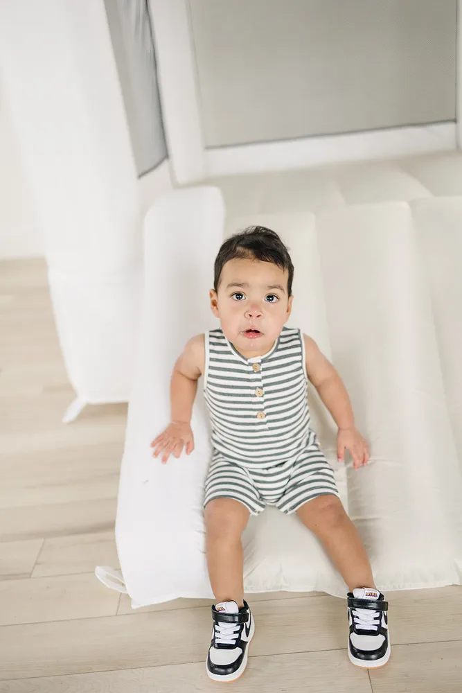 Charcoal + White Stripe Short Romper