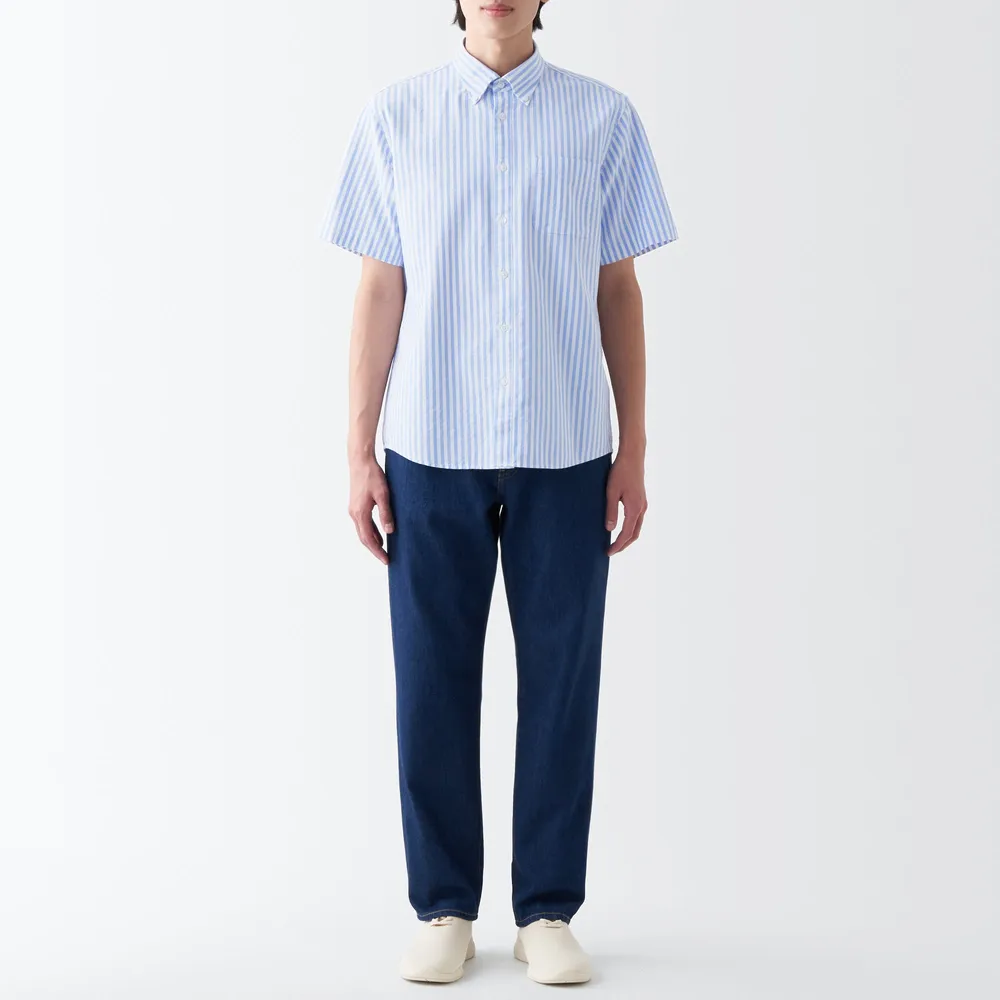 MUJI Men's Washed Oxford Button Down Patterned Short Sleeve Shirt