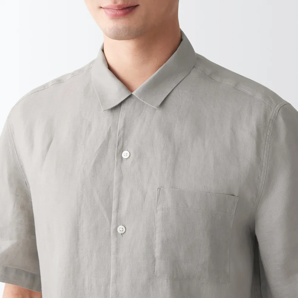 Men's French Linen Washed Open Collar Short Sleeve Shirt