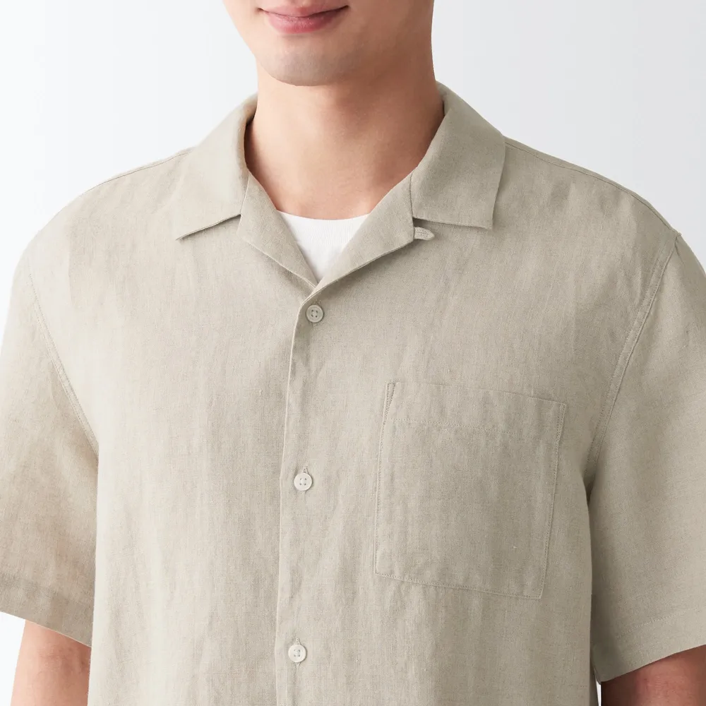 MUJI Men's French Linen Washed Open Collar Short Sleeve Shirt