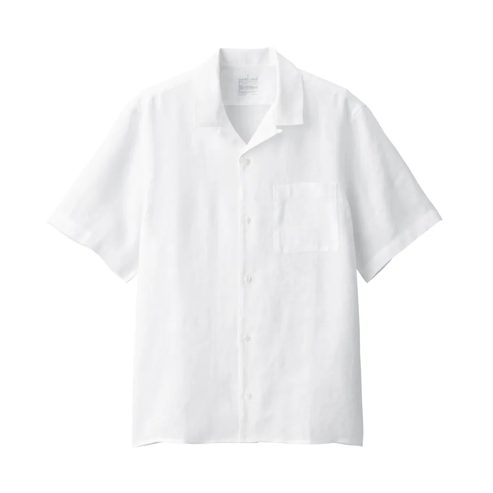 MUJI Men's French Linen Washed Open Collar Short Sleeve Shirt