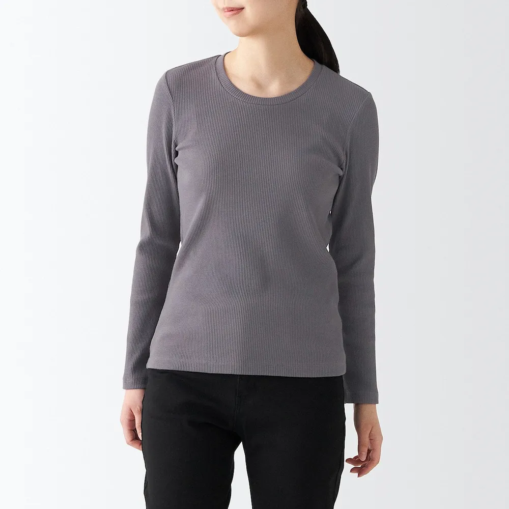Women's Stretch Ribbed Crew Neck Long Sleeve T-Shirt
