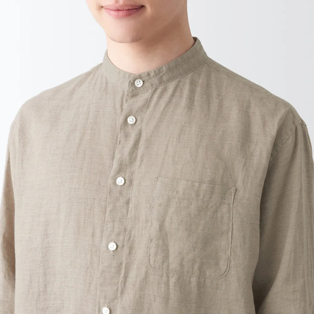 Men's Washed Hemp Stand Collar Long Sleeve Shirt