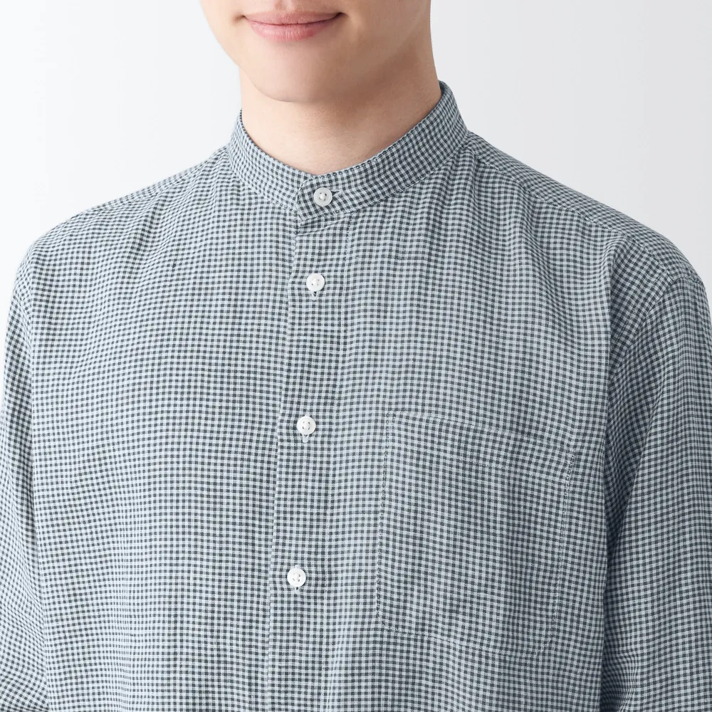 Men's Washed Hemp Stand Collar Long Patterned Sleeve Shirt