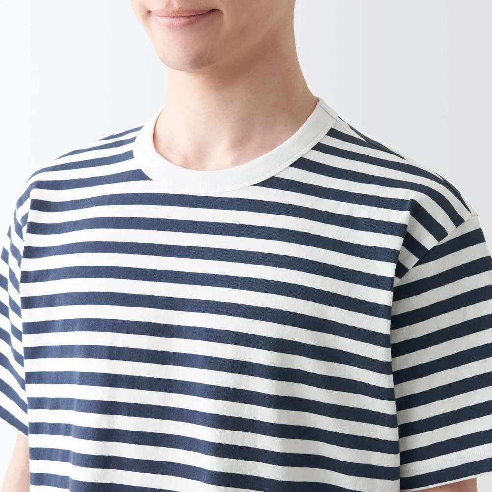 MUJI Men's Washed Heavy Weight Crew Neck Short Sleeve Striped T