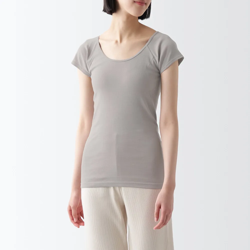 MUJI Women's Breathable Cotton French Sleeve T-Shirt with Sweat Pad
