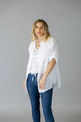 White Buttoned Top with Designer Back and Button-up Sleeves