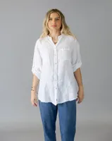 White Buttoned Top with Designer Back and Button-up Sleeves