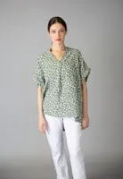 Olive Printed V-neck Short Sleeves Top