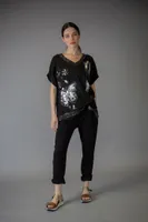 Black Short Sleeves Top with Shiny Butterfly and Sequins at Neck Border