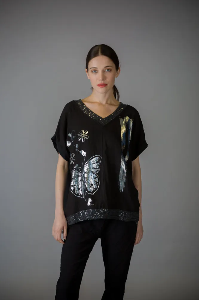 Black Short Sleeves Top with Shiny Butterfly and Sequins at Neck Border