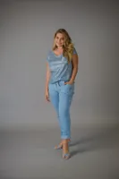 Baby-Blue Short Sleeves Shiny Top with Lacy Designer Back