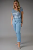 Baby-Blue Short Sleeves Shiny Top with Lacy Designer Back