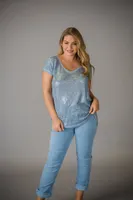 Baby-Blue Short Sleeves Shiny Top with Lacy Designer Back