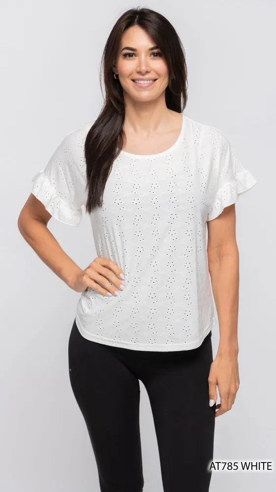 WHITE EMBROIDRED FEBRIC RUFFLE SLEVEES TOP (WHITE)