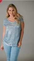 Baby-Blue Short Sleeves Shiny Top with Lacy Designer Back