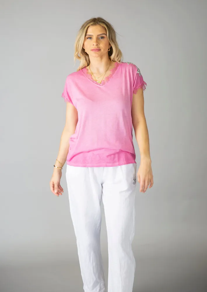 Fuchsia Plain Top with Shiny Star Patches on Shoulder