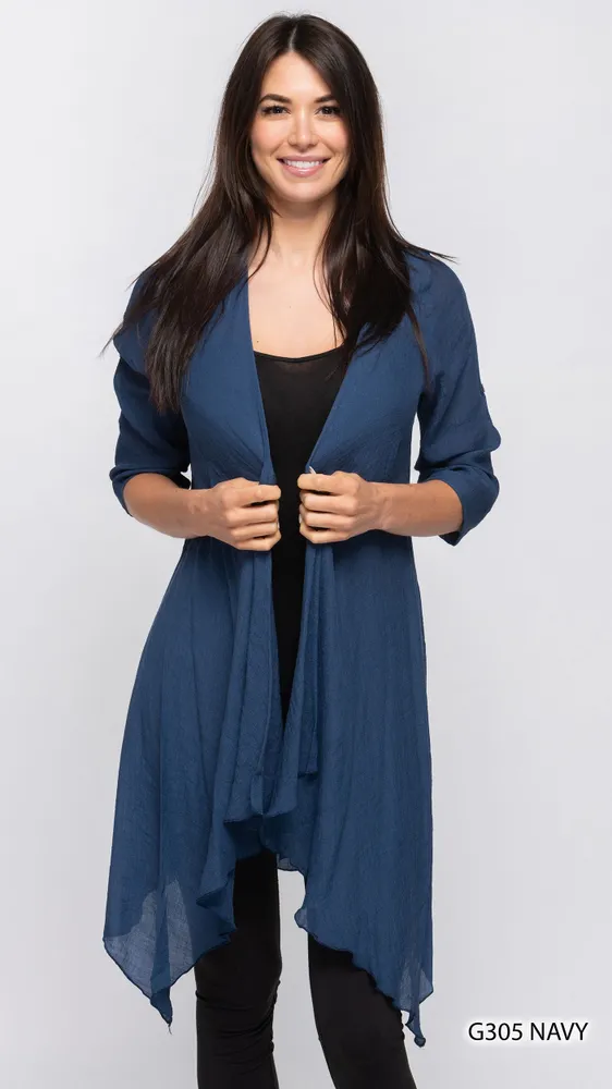 NAVY LONG ASYMMETRICAL CARDIGAN /COVERUP