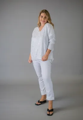 White Pants with Shiny and Zipper Detailing at Pockets