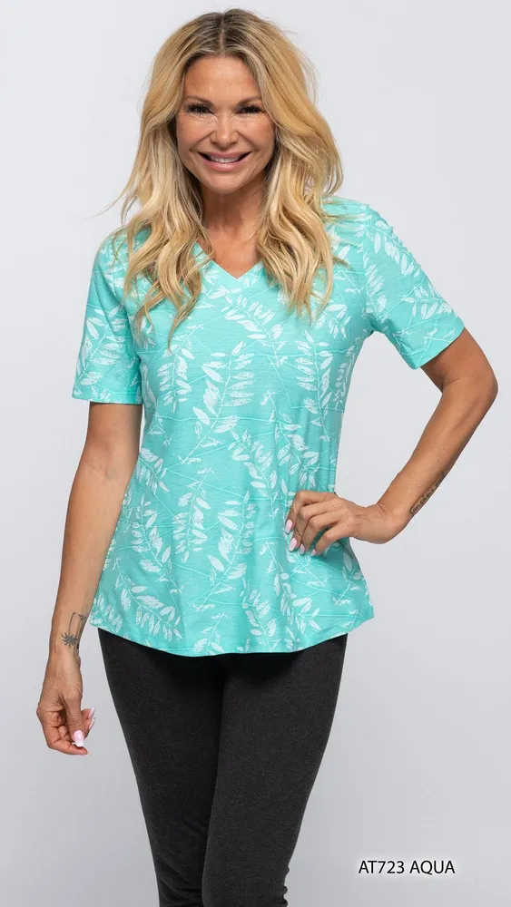 AQUA V NECK LEAF PRINT TOP (AQUA)