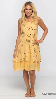 Yellow Printed Sleeveless Dress with Button Detailing