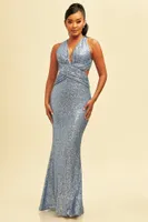 BLUE SEQUIN X BACK GOWN