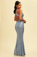 BLUE SEQUIN X BACK GOWN