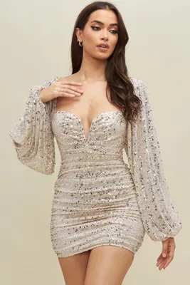 NUDE SILVER SEQUIN RUCHED FULL SLEEVE DRESS