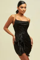 BLACK-GOLD SEQUIN ONE SHOULDER DRAPE DRESS