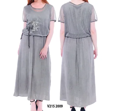 Grey Long Dress With Detachable Net Poncho