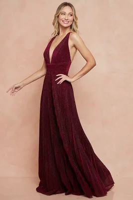 FUCHSIA LADIES PLEATED GLITTER FABRIC V NECK MAXI DRESS