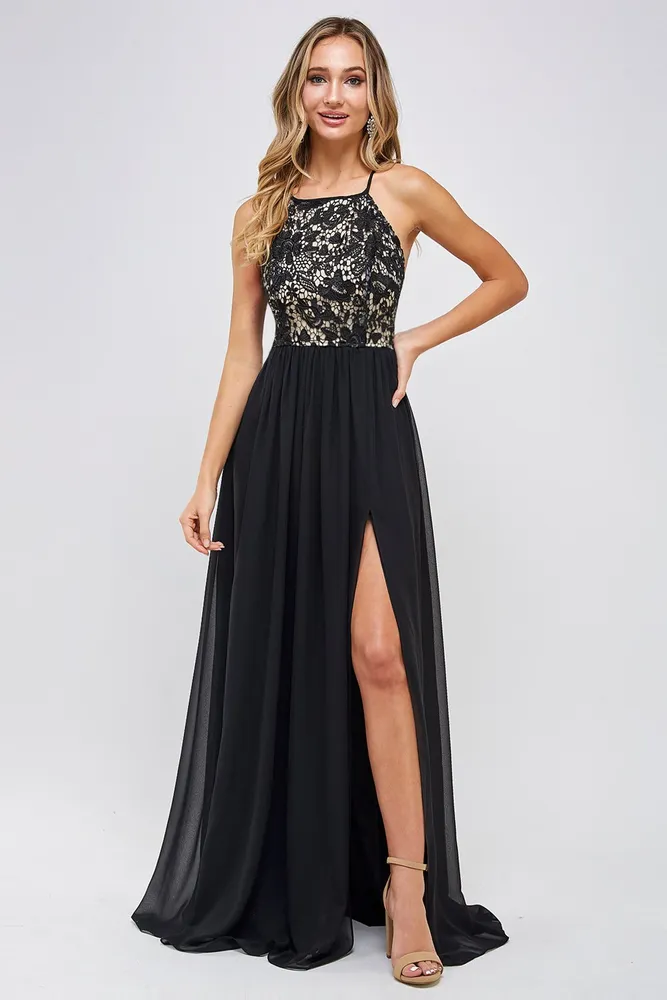 BLACK CHIFFON MAXI DRESS WITH SLIT