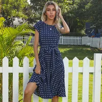 Polka Dot Print Round Neck Dress Women Mid Length