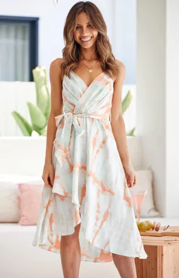 New Gradient Color Print Waist Strap Sling Mid Length Dress