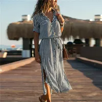 Women Summer Short Sleeve Dress Ladies Chiffon Stripe Skirt