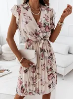 Summer New Waist Floral Pleated Dress Women