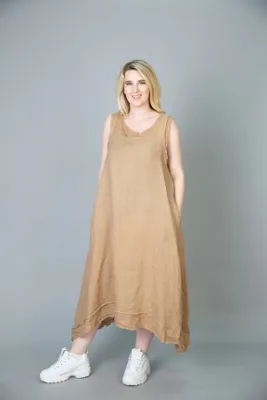 Taupe Colored Sleeves Long Asymmetrical Hemline Dress