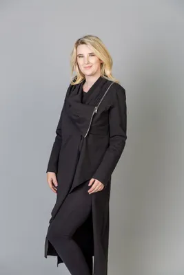 Black Designer Coat With Side Zipper And Slit
