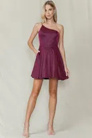 BURGUNDY ONE SHOULDER GLITTER MINI DRESS