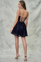 NAVY SEQUIN TIE BACK MINI DRESS