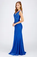 ROYAL-BLUE SLEEVELESS POLKA DOT LACE TRIMMED MAXI DRESS