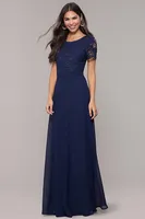 NAVY CHIFFON MAXI DRESS WITH SCALLOP LACE BACK DETAIL