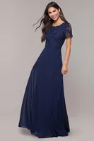 NAVY CHIFFON MAXI DRESS WITH SCALLOP LACE BACK DETAIL