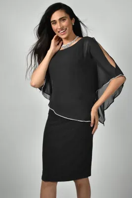 Black Dress with Shiny Detailed Attached Poncho