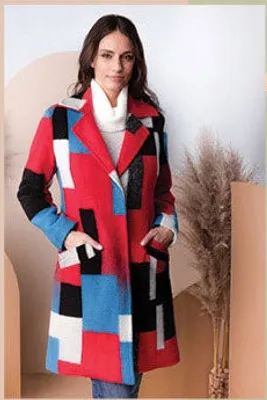 Red-Blue-White Designer Coat with Pockets