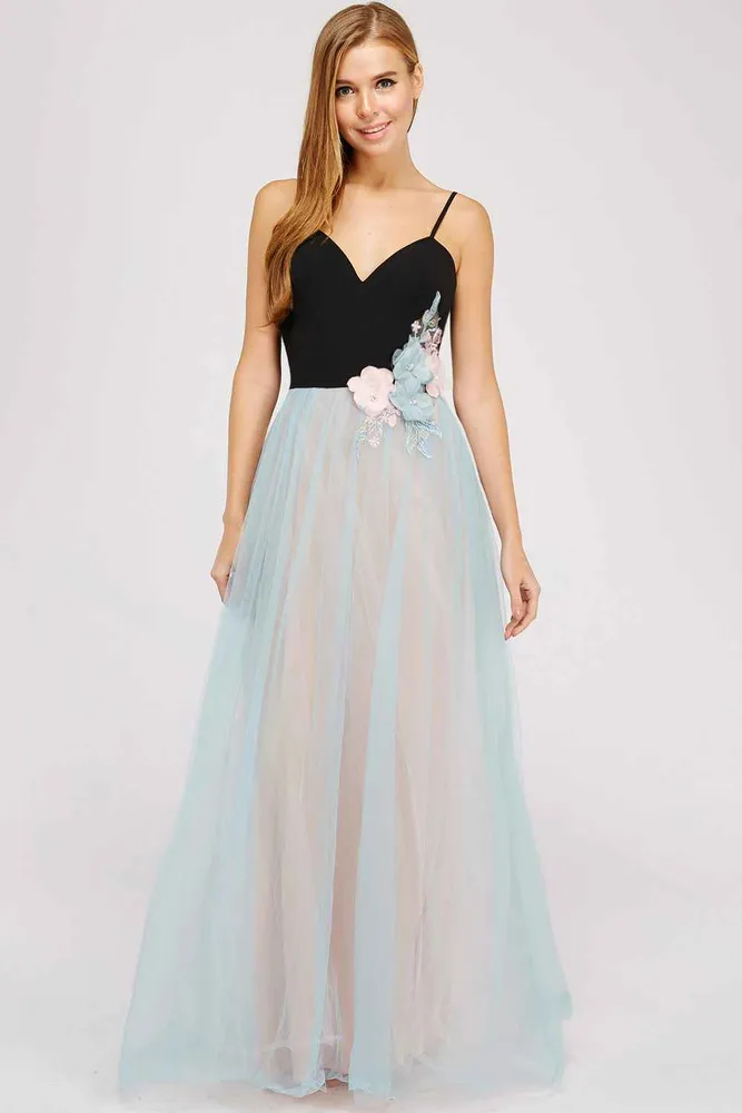 SLEEVELESS FLOWER TRIM DETAIL TULLE DRESS W/LINING